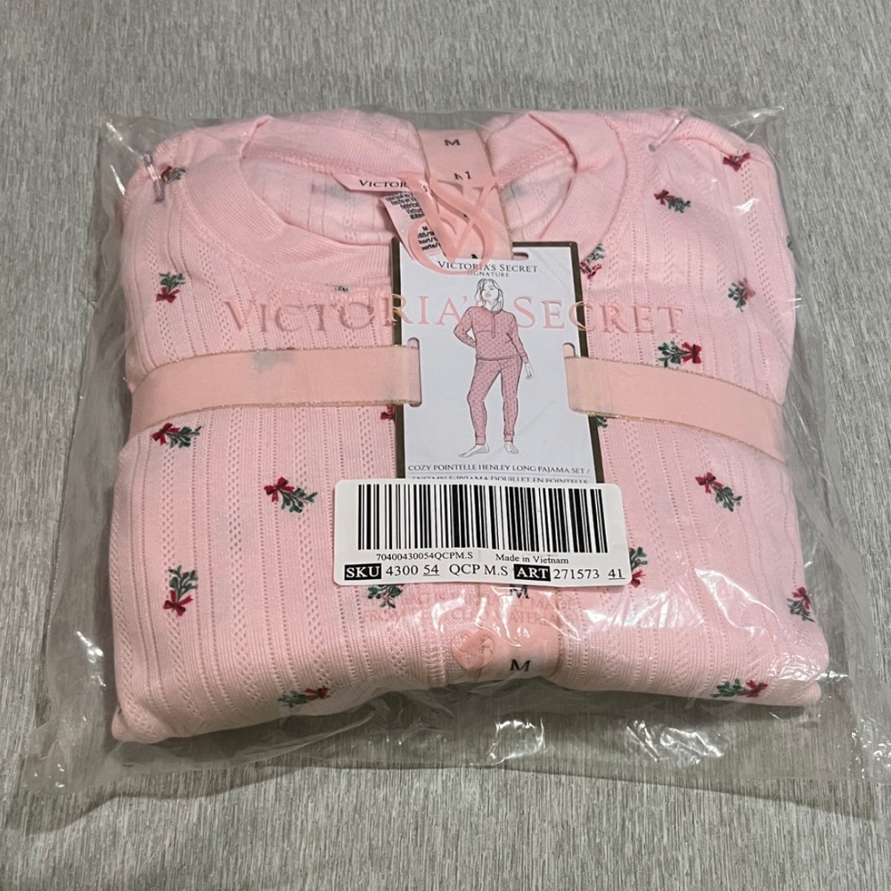 Victoria's Secret Cozy Pointelle Henley Long Pajama Set Size M *SHORT*
